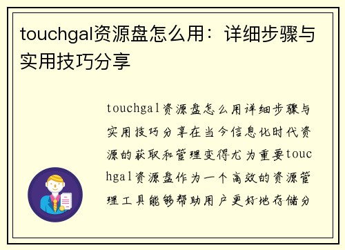 touchgal资源盘怎么用：详细步骤与实用技巧分享
